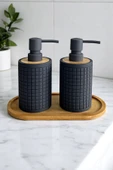 Tilbe Home 2li Retro Still Sıvı Sabunluk Seti 500ml Mutfak Banyo Kare Figürlü Hands Dishes Bambu Stantlı Set - 2