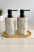 Tilbe Home 2li Bambu Detaylı Sıvı Sabunluk Seti 500ml Hands Dishes Mutfak Banyo Taş Figürlü Bambu Stantlı Set - 1