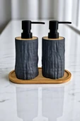 Tilbe Home 2li Bambu Detaylı Sıvı Sabunluk Seti 500ml Mutfak Banyo Taş Figürlü Hands Dishes Bambu Stantlı Set - 1