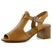 Erkan Saçmacı Elena Taba Hakiki Dana Derisi Delik Detaylı Kalın Topuklu Rahat Günlük Sandalet - 1