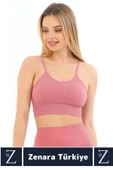 Premium Göğüs Toparlayan Sarkma Önleyen Gündelik Spor Kullanım İnce Askı Pedli Çizgili Crop Büstiyer - 2