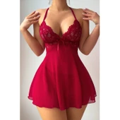 Lucky Life Kırmızı A Kalıp Dantel Detaylı Mini Gecelik - 1
