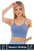 Premium Göğüs Toparlayan Sarkma Önleyen Gündelik Spor Kullanım İnce Askı Pedli Çizgili Crop Büstiyer - 2