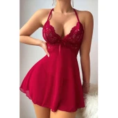 Lucky Life Kırmızı A Kalıp Dantel Detaylı Mini Gecelik - 3