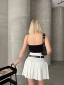 Kemerli piliseli şort etek beyaz s25305 - 2