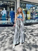 Baskılı Bağcıklı keten pantolon krem - 3