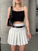 Kemerli piliseli şort etek beyaz s25305 - 5