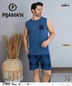 Pijamoni Erkek Bisiklet Yaka Kolsuz Şortlu Pijama Takımı 6185/9 - 1 Adet  XL Mavi thumbnail 2