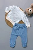 Sevimli Ayıcık ve Hi Desenli Çizgili Sweatshirt ve Mavi Alt Eşofman Takımı Turkuaz - 2