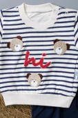 Sevimli Ayıcık ve Hi Desenli Çizgili Sweatshirt ve Mavi Alt Eşofman Takımı Lacivert - 3