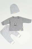 Çizgili Panda Desenli Şapkalı 3'lü Erkek Bebek Takımı Gri - 1