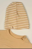 Çizgili Ayıcık Desenli Şapkalı 3'lü Erkek Bebek Takımı Bej thumbnail 5