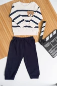 Ayı Armalı Çizgili Sweatshirt ve Eşofman Altı 2'li Erkek Takımı Lacivert thumbnail 1