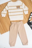 Ayı Armalı Çizgili Sweatshirt ve Eşofman Altı 2'li Erkek Takımı Bej thumbnail 1