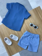 Pamela Kabartma Çizgili Gömlekli Yazlık Erkek 2'li Takım Mavi thumbnail 7