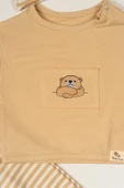 Çizgili Ayıcık Desenli Şapkalı 3'lü Erkek Bebek Takımı Bej thumbnail 3