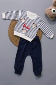 Sevimli Ayıcık ve Hi Desenli Çizgili Sweatshirt ve Mavi Alt Eşofman Takımı Lacivert - 1