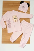Peluş Ayıcık Aksesuarı ve Kulaklı Ayıcık Şapkasıyla 3'lü Erkek Bebek Takımı Pembe - 1