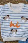 Sevimli Ayıcık ve Hi Desenli Çizgili Sweatshirt ve Mavi Alt Eşofman Takımı Turkuaz - 4
