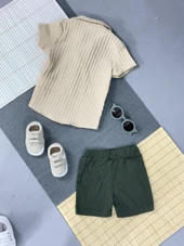 Pamela Kabartma Çizgili Gömlekli Yazlık Erkek 2'li Takım Bej thumbnail 4