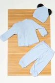 Peluş Ayıcık Aksesuarı ve Kulaklı Ayıcık Şapkasıyla 3'lü Erkek Bebek Takımı mavi - 2