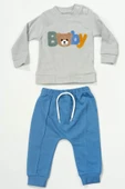 Ayıcık Nakışlı 2'li Erkek Bebek Eşofman Takımı Ribana Mavi thumbnail 1