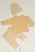 Çizgili Ayıcık Desenli Şapkalı 3'lü Erkek Bebek Takımı Bej thumbnail 2