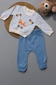Sevimli Ayıcık ve Hi Desenli Çizgili Sweatshirt ve Mavi Alt Eşofman Takımı Turkuaz - 1