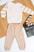 Ayı Armalı Çizgili Sweatshirt ve Eşofman Altı 2'li Erkek Takımı Bej thumbnail 2