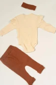 Kalpli Çıtçıtlı 3'lü Kız Bebek Takımı Fırfır Detaylı Krem & kahve - 2