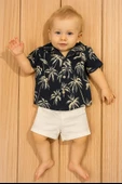 Tropik Desenli Kısa Kollu Erkek Bebek Takımı Yazlık Gömlek & Şort 2'li Takım Lacivert - 1