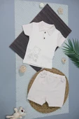 Bisikletli Ayıcık Desenli Polo Yaka Tişört ve Şort Takımı Bej thumbnail 1