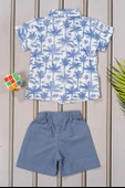 Tropikal Desenli Papyonlu Gömlek ve Şort Erkek Takımı Yazlık 2'li Kombin Mavi - 5