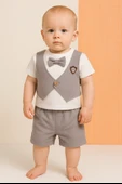 Zigzag Desenli Papyonlu Şık Yelek Detaylı 2'li Bebek Takımı Gri thumbnail 1