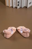 Pudra Rengi Fiyonklu Kız Bebek Babet Ayakkabı İnci Detaylı Cırt Cırtlı Pudra - 3