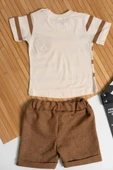 Kısa Kollu Çizgili Ayıcıklı Şortlu Takım Açık Kahverengi thumbnail 2