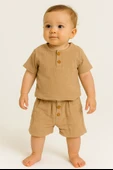 Düğme Detaylı 2'li Erkek Bebek Yazlık Takım Müslin Kahverengi thumbnail 1