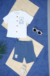 Müslin Ayıcıklı 2'li Erkek Şortlu Takım  Beyaz & Mavi thumbnail 1