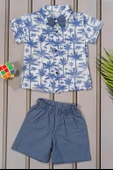Tropikal Desenli Papyonlu Gömlek ve Şort Erkek Takımı Yazlık 2'li Kombin Mavi - 1