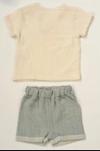 Düğme Detaylı Müslin Erkek Bebek 2'li Yazlık Takım Bej & Turkuaz thumbnail 2