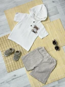 Ayıcık Baskılı Kapüşonlu Müslin Erkek Çizgili Şortlu Yazlık Takım Kahverengi thumbnail 1