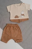Ayıcıklı Gömlek Detaylı Şortlu Takım Kahverengi - 1