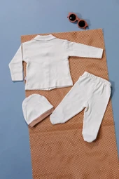 Unisex Papyon Detaylı Şapkalı Bebek Takım Krem Üzerine Parçalı Bej - 2