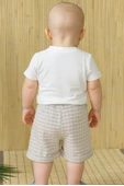 Köpek Baskılı Beyaz Tişört ve Bej Ekoseli Şort Takımı Bej thumbnail 2