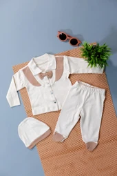 Unisex Papyon Detaylı Şapkalı Bebek Takım Krem Üzerine Parçalı Bej - 1