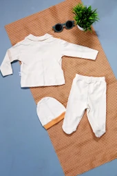 Unısex Şapkalı Bebek Zıbın Takım Bej & Turuncu thumbnail 2