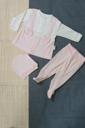 Salopet Askılı 3'lü Kız Bebek Zıbın Takımı Pudra thumbnail 1