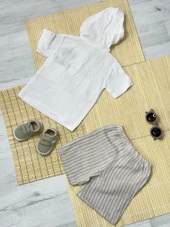 Ayıcık Baskılı Kapüşonlu Müslin Erkek Çizgili Şortlu Yazlık Takım Kahverengi thumbnail 2