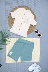 Müslin Ayıcıklı 2'li Erkek Şortlu Takım Bej Yeşil thumbnail 2