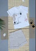Köpek Baskılı Beyaz Tişört ve Bej Ekoseli Şort Takımı Bej thumbnail 3